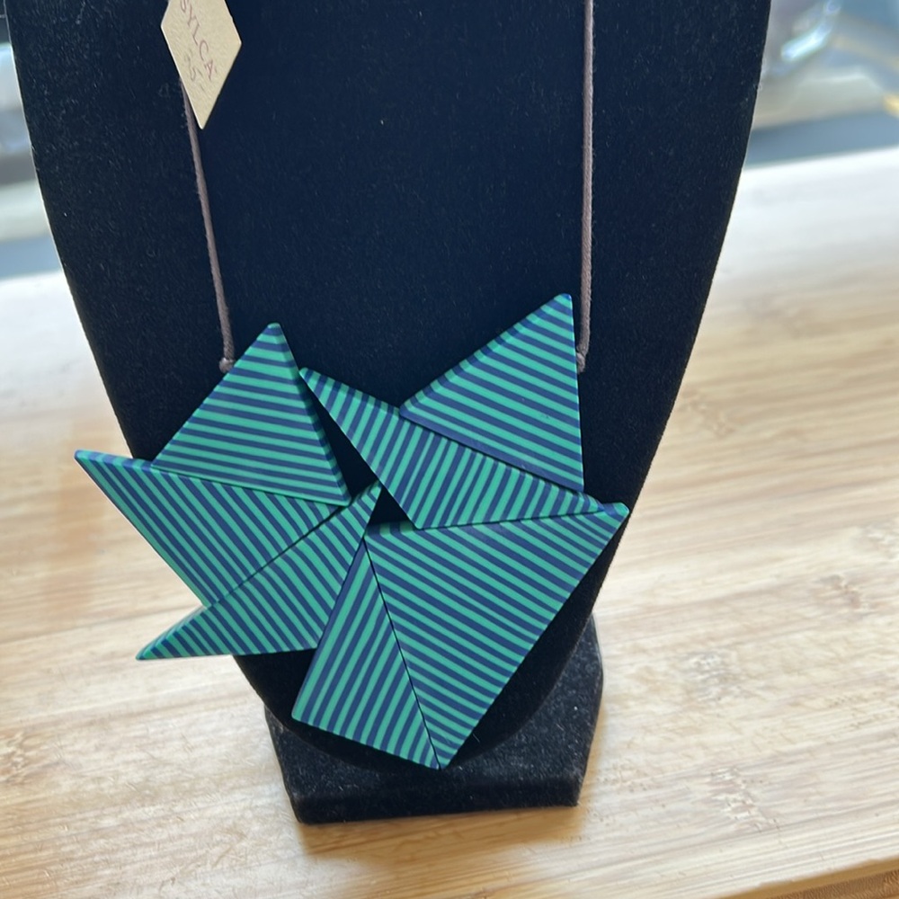 Geometric Striped Statement Necklace in Teal and Black